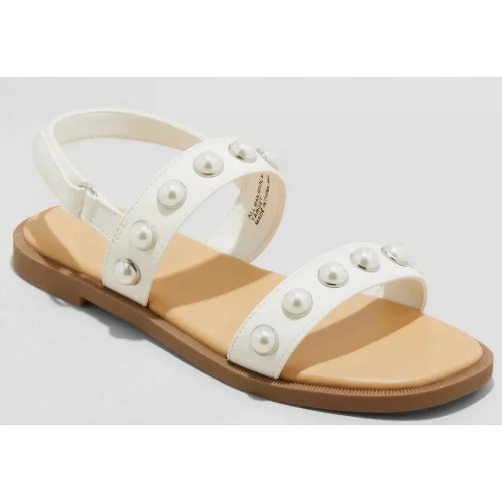 Cat & Jack Girls‎ White Faux Pearl Studded Slingback Sandals Size 1 NEW